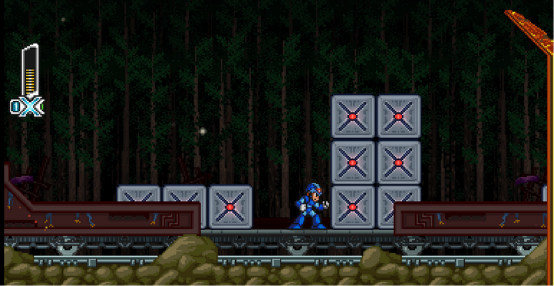 Screenshot de fase de Mega Man X Regenesis com obstáculos, plataformas e rota explorável